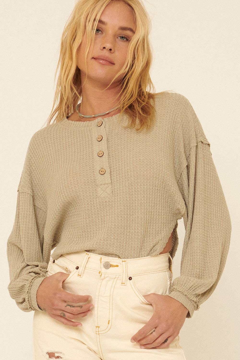 Waffle-Print Henley Neck Long Sleeve Top in Sage