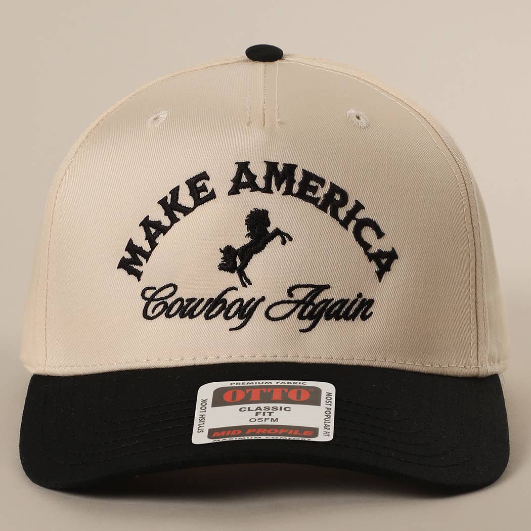 MAKE AMERICA COWBOY AGAIN Embroidered Trucker Hat — Black and Tan