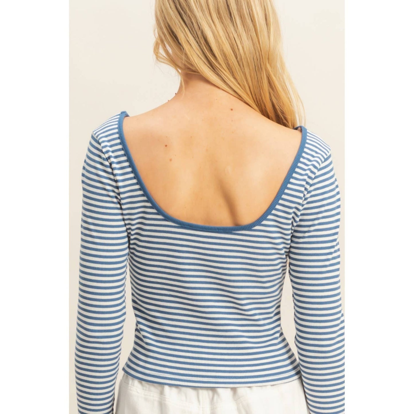 Blue Striped Scoop Neck Long Sleeve