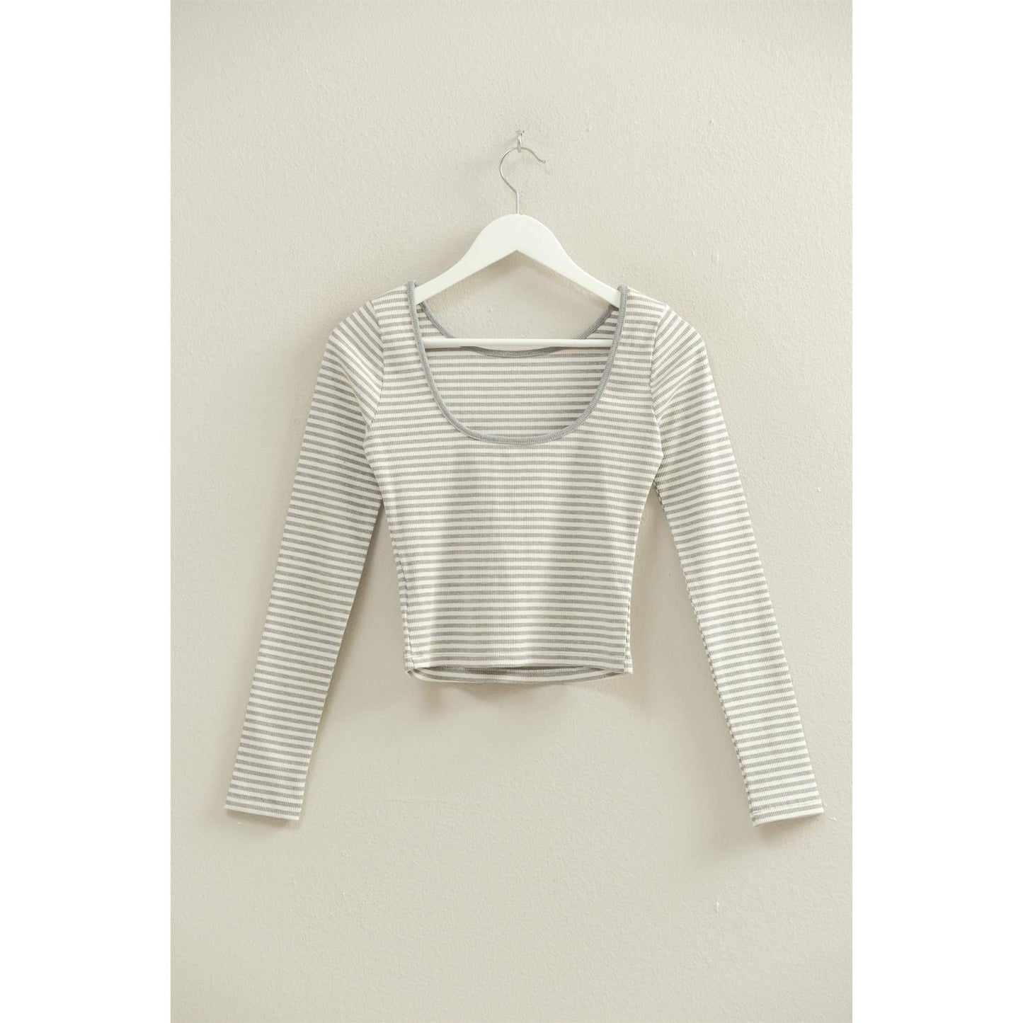 Grey Striped Long Sleeve Top With Scoop Back Neckline