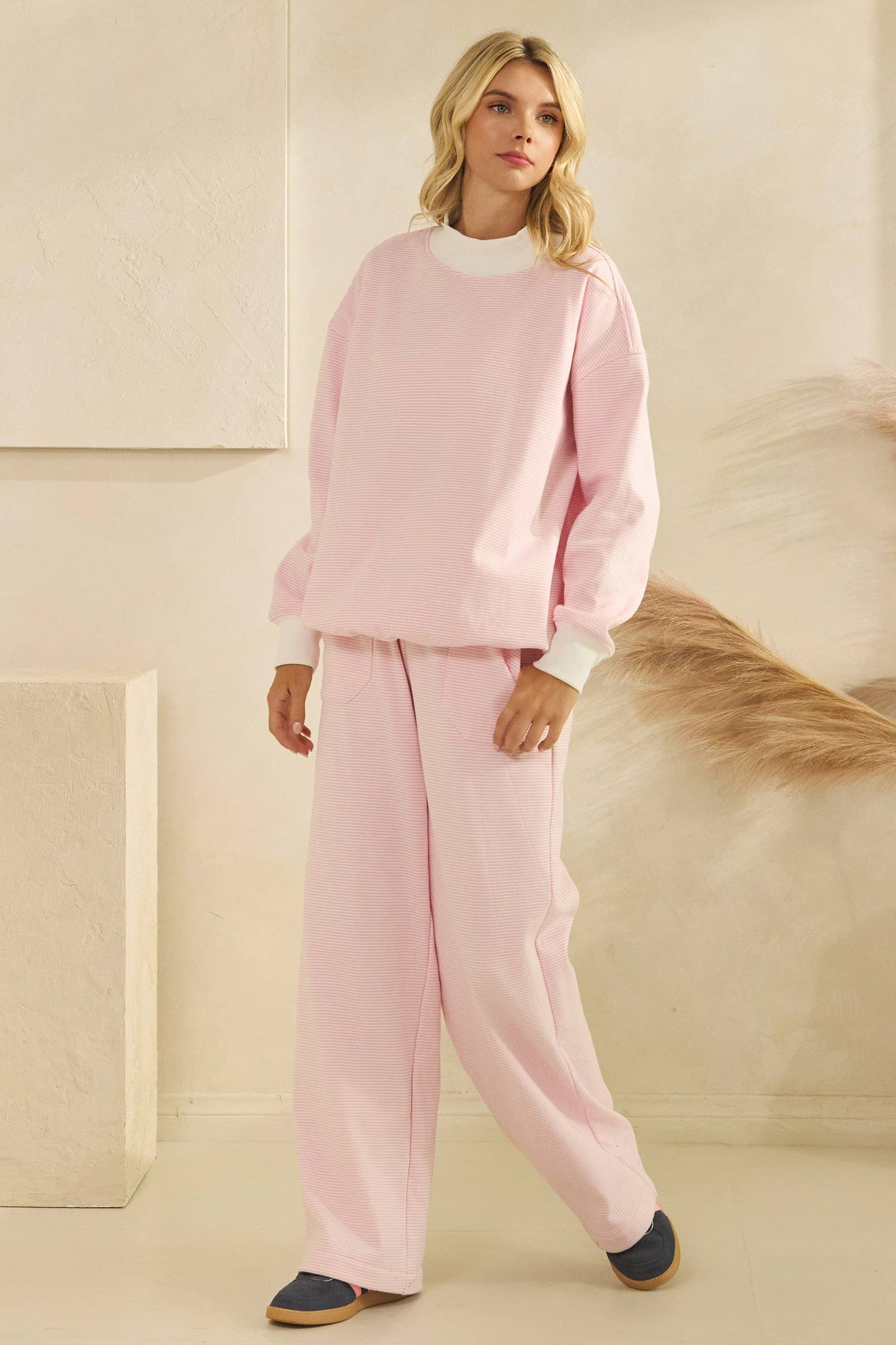 Striped Mock Neck Sweatshirt - Pink