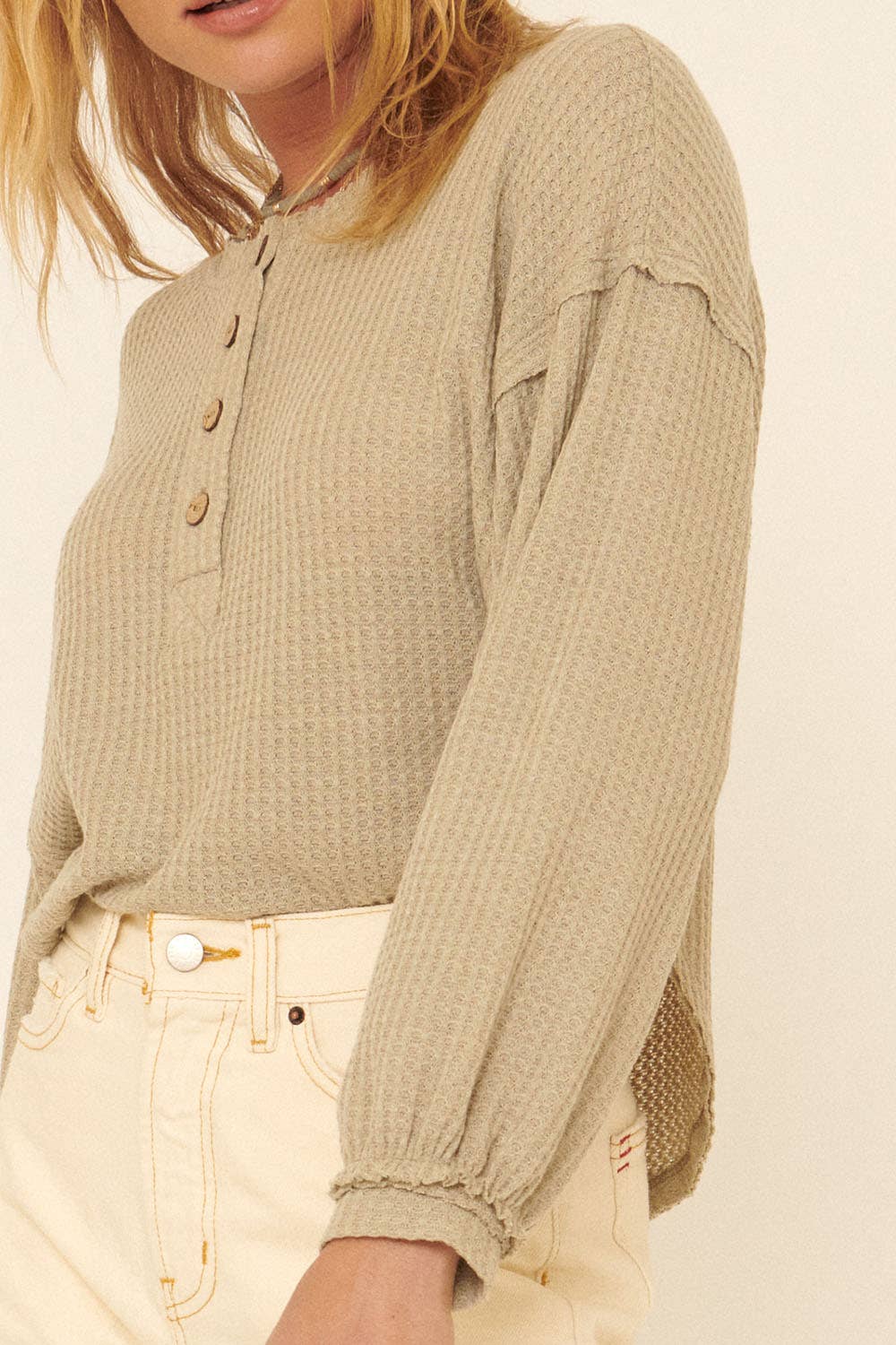 Waffle-Print Henley Neck Long Sleeve Top in Sage