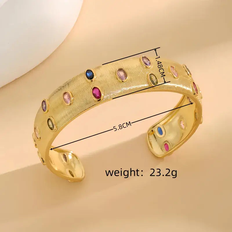 Gold Cuff Bracelet with Zircon Inlay Colorful Stones