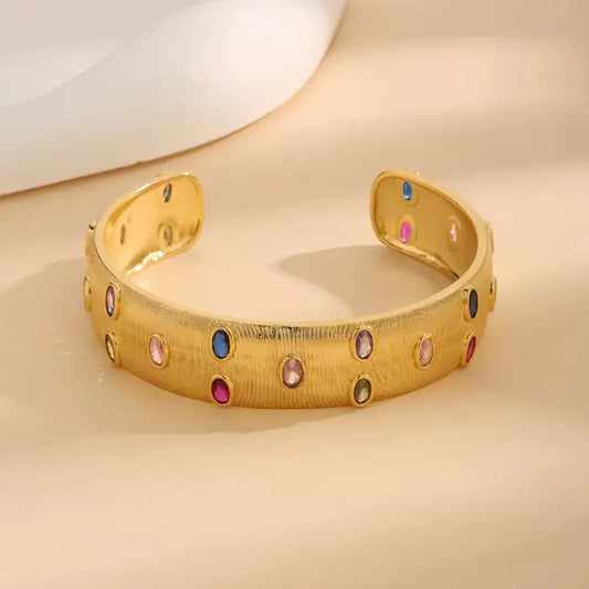 Gold Cuff Bracelet with Zircon Inlay Colorful Stones