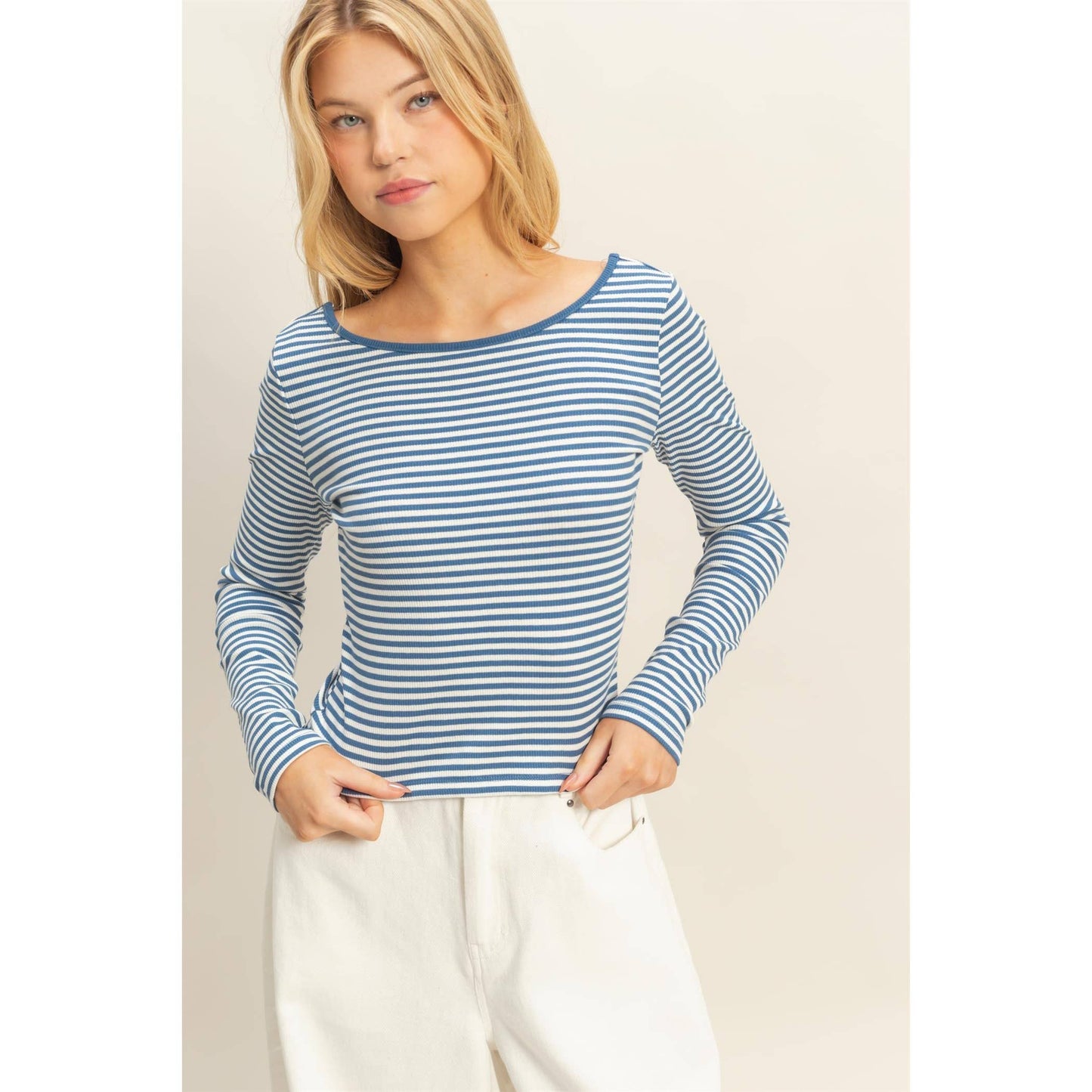 Blue Striped Scoop Neck Long Sleeve