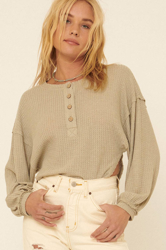 Waffle-Print Henley Neck Long Sleeve Top in Sage