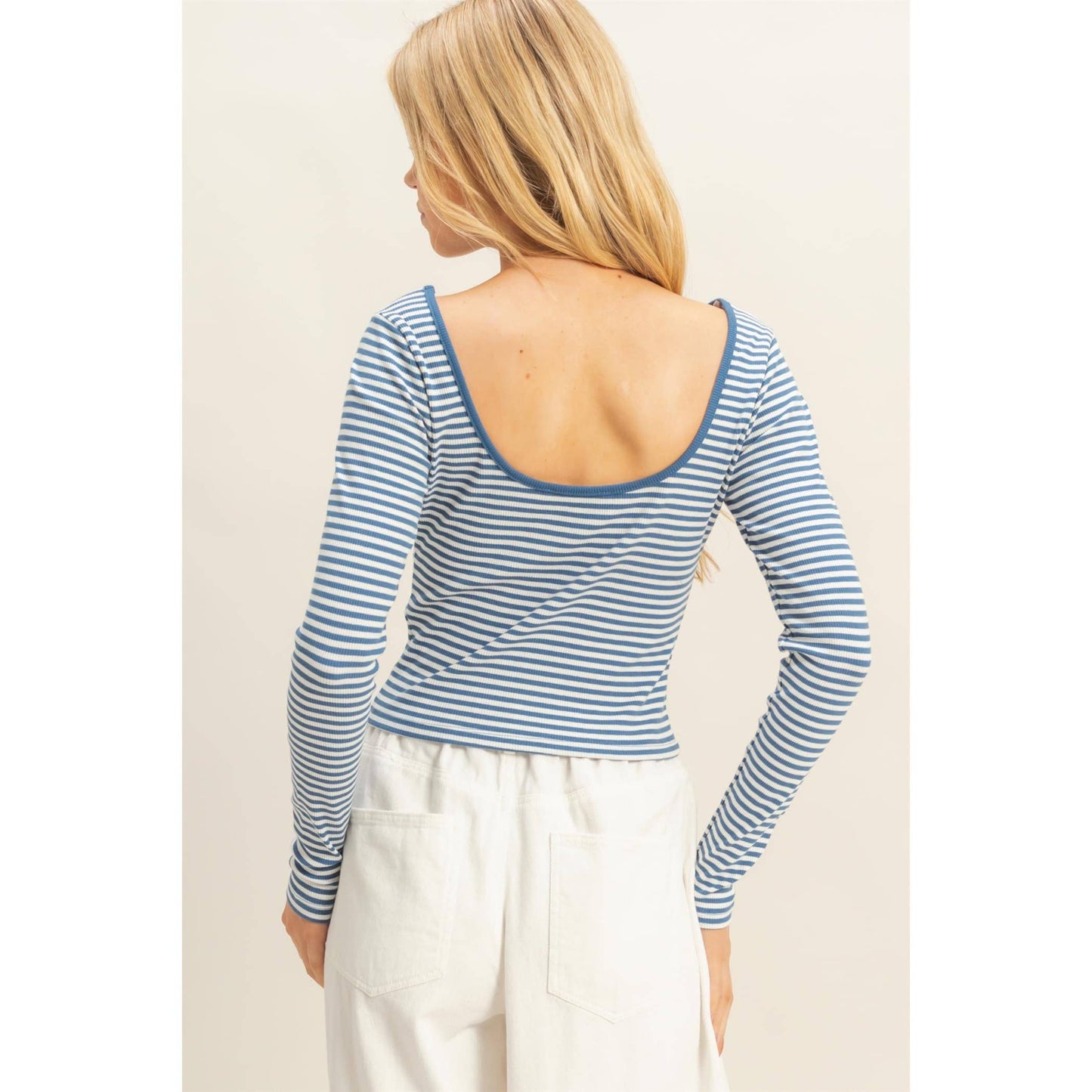 Blue Striped Scoop Neck Long Sleeve