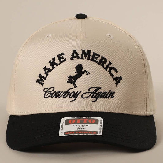 MAKE AMERICA COWBOY AGAIN Embroidered Trucker Hat — Black and Tan