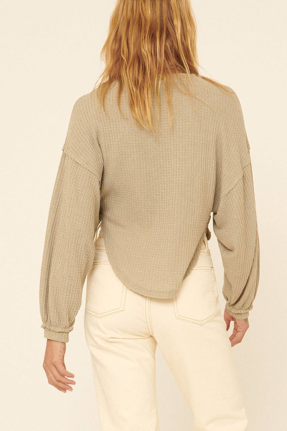 Waffle-Print Henley Neck Long Sleeve Top in Sage