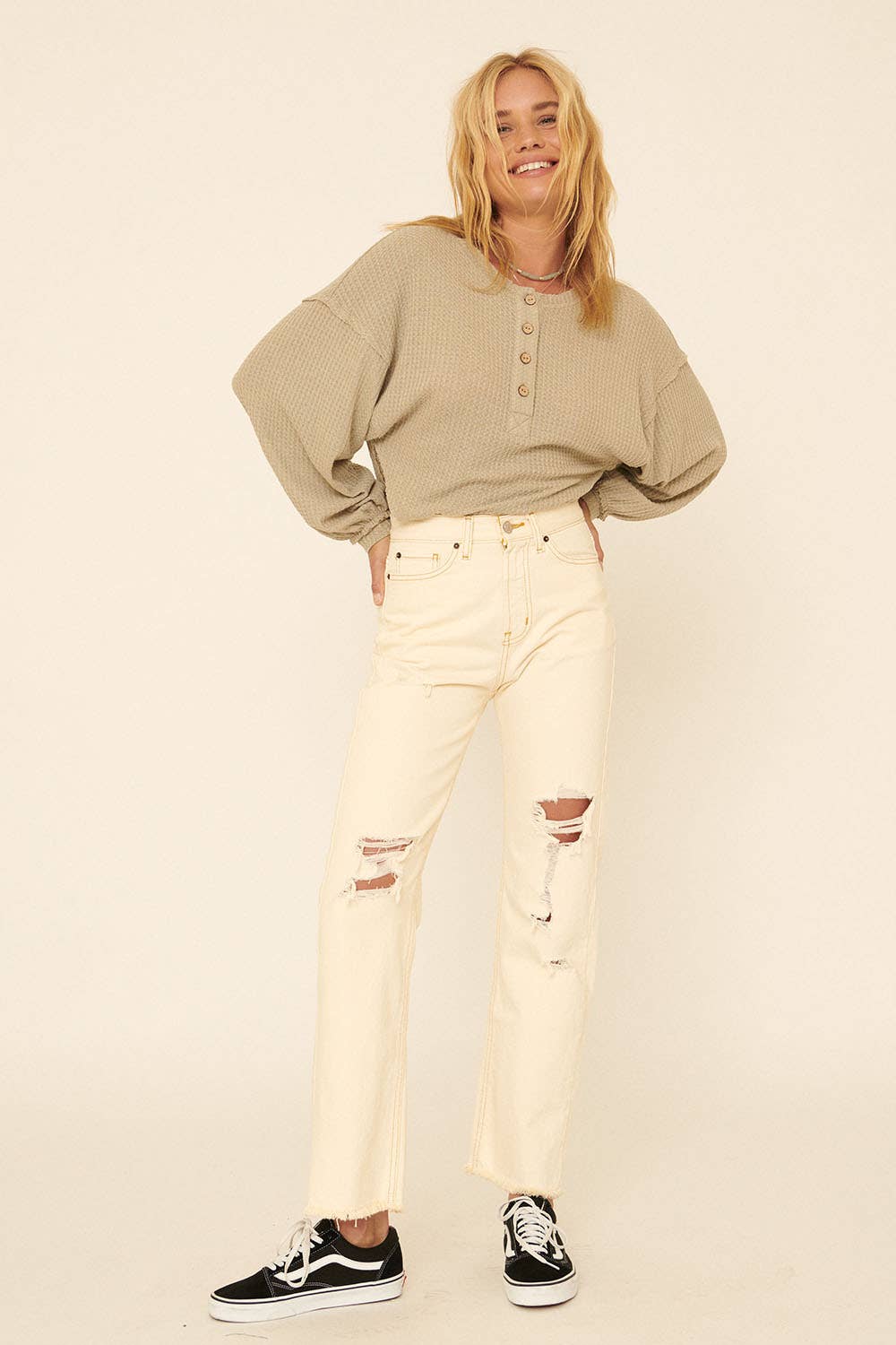 Waffle-Print Henley Neck Long Sleeve Top in Sage