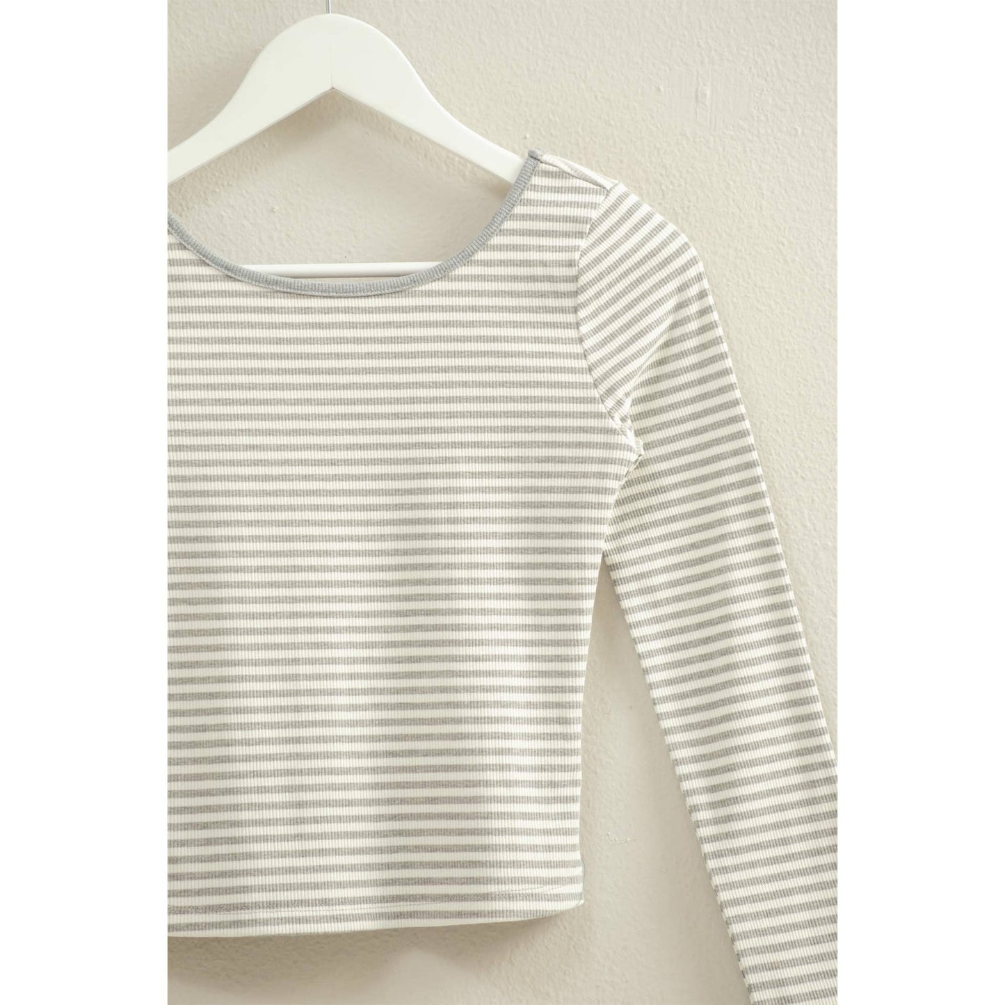 Grey Striped Long Sleeve Top With Scoop Back Neckline