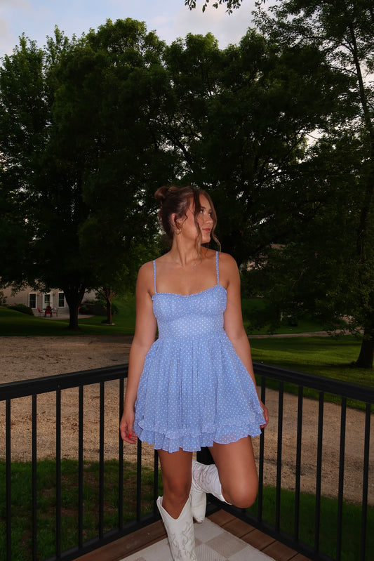 The Kalli Blue Polka Dot Ruffle Mini Dress