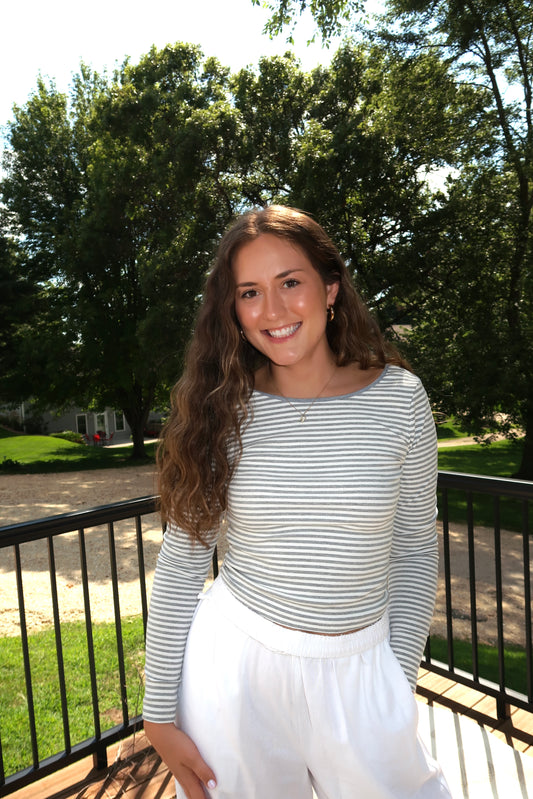 Grey Striped Long Sleeve Top With Scoop Back Neckline