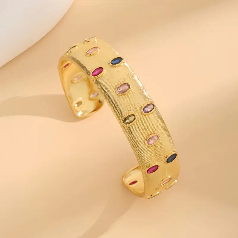 Gold Cuff Bracelet with Zircon Inlay Colorful Stones
