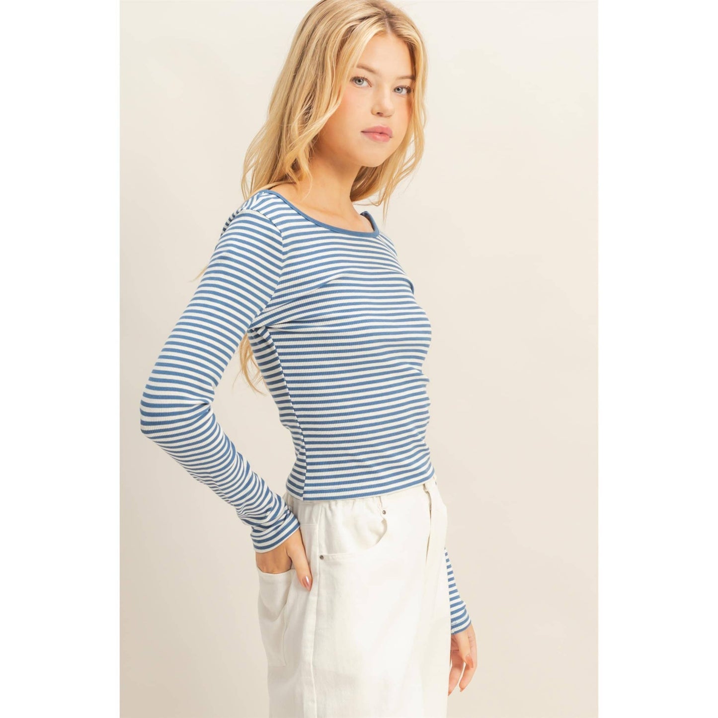 Blue Striped Scoop Neck Long Sleeve