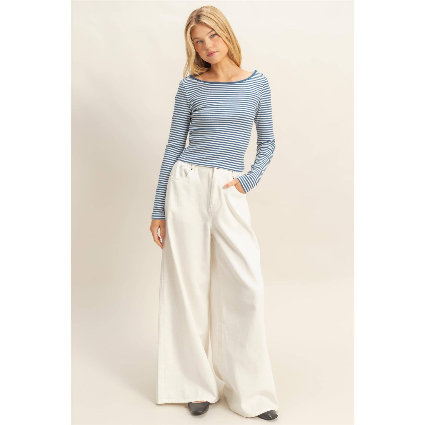 Blue Striped Scoop Neck Long Sleeve