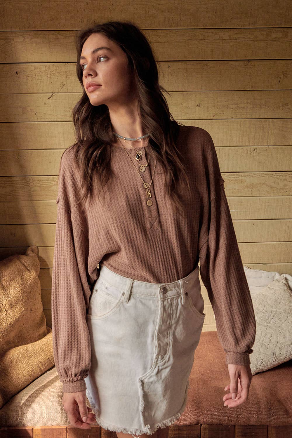 Waffle-Print Henley Neck Long Sleeve Top in Mocha